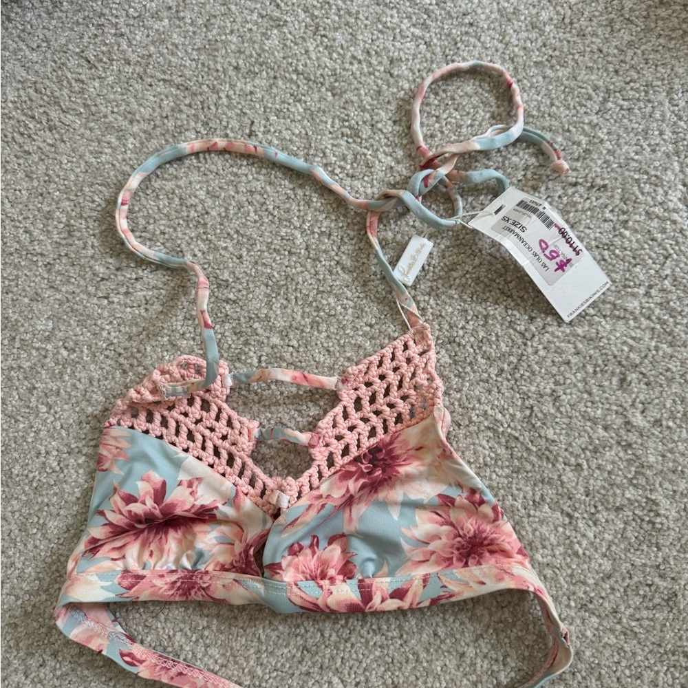 Frankie's Bikinis Floral Crochet Bikini Top - Pink and Blue